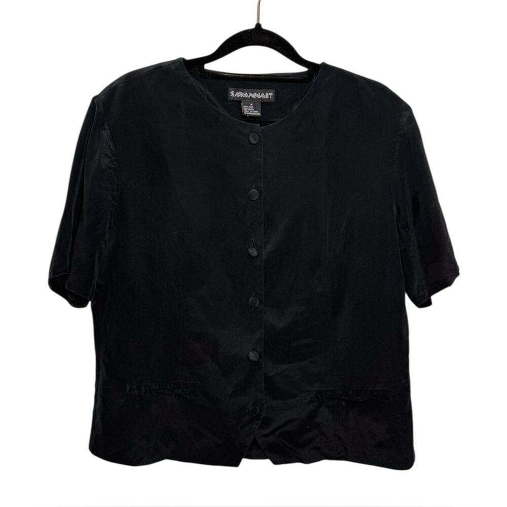 Vintage Savannah Minimalist Black Silk Button Front Short Sleeve Top Medium